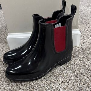 Ralph Lauren tally rubber Black Chelsea Rain Boots with Red Elastic Panels